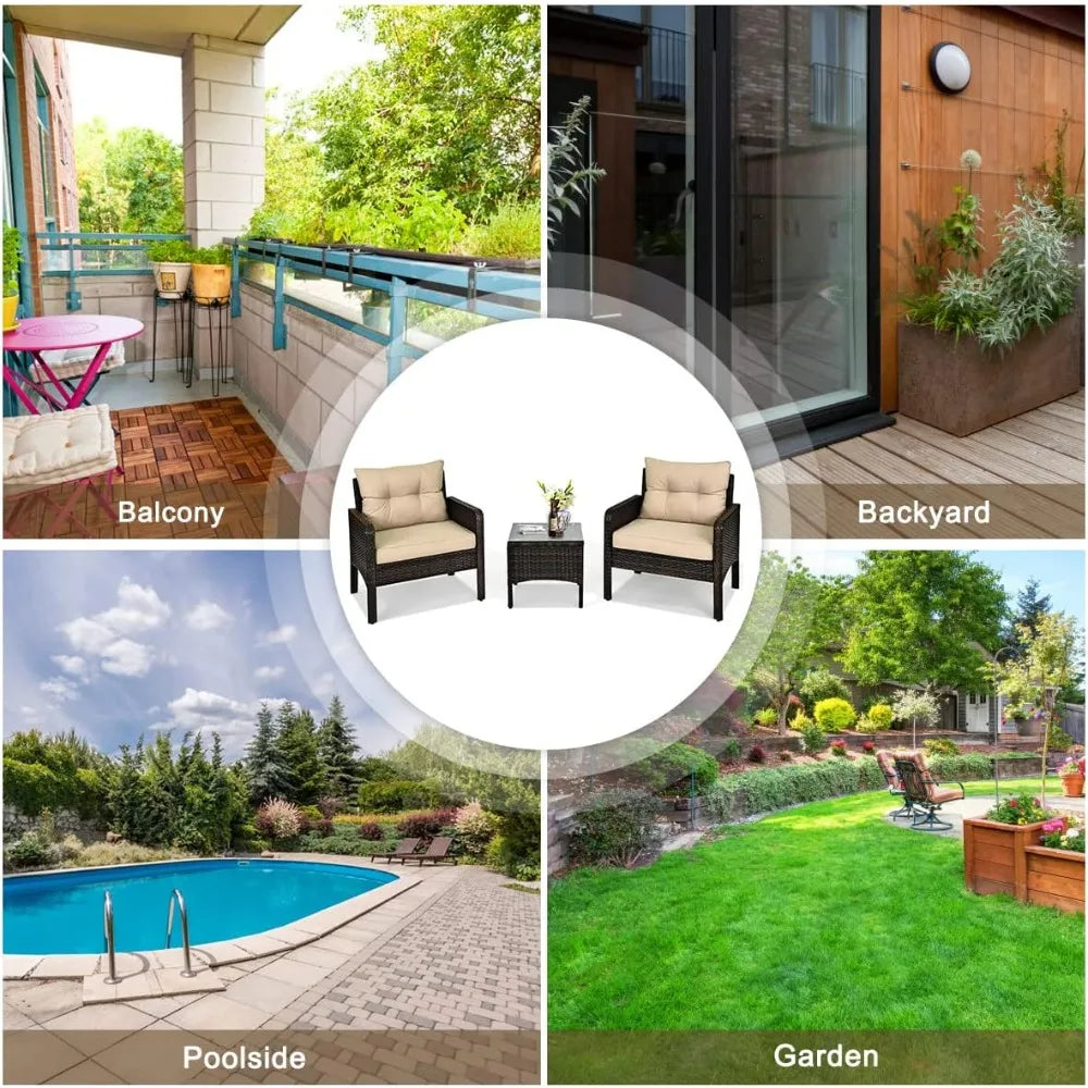 3 Pieces Patio Furniture Set Outdoor Rattan Wicker Coffee Table & Chairs Set with Seat Cushions Patio Conversation