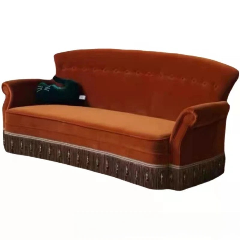 American single and double three people, small apartment retro, pull button tassel, living room high back fabric sofa