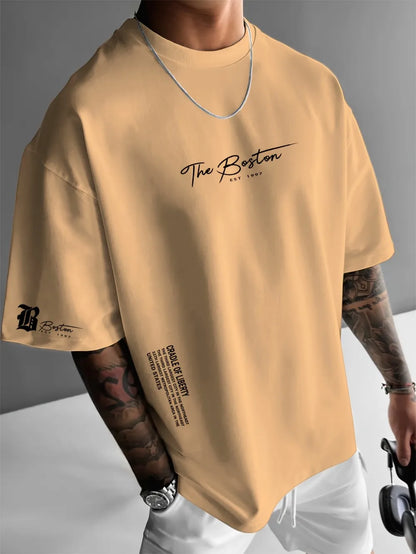 New men's polyester fabric casual comfortable breathable round neck T-shirt with letter pattern suitable for outdoor sports