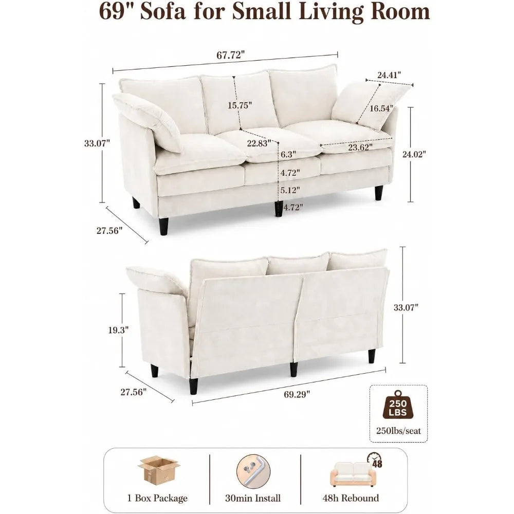 69 Inch Small Sofa, 3-Seater Loveseat Couch with Cloud 2 Layer Cushion, 22.8" Deep Seat, Oversized Pillows,Customized
