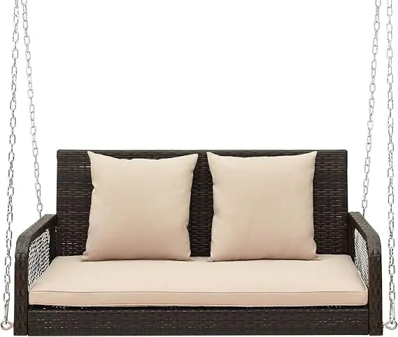 Porch Swing Outdoor 2-Person Hanging Bench Chair with Seat & Back Cushions, Heavy-Duty Metal Structure & 2 Hanging Ch
