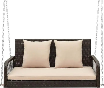 Porch Swing Outdoor 2-Person Hanging Bench Chair with Seat & Back Cushions, Heavy-Duty Metal Structure & 2 Hanging Ch