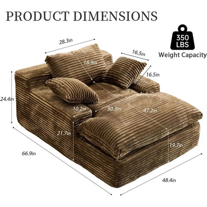Chaise Lounge Chair Indoor, Oversized Corduroy Upholstered Boneless Sofa Bed, Deep Seat Sleeper Couch Reading Chairs Cloud Sofas