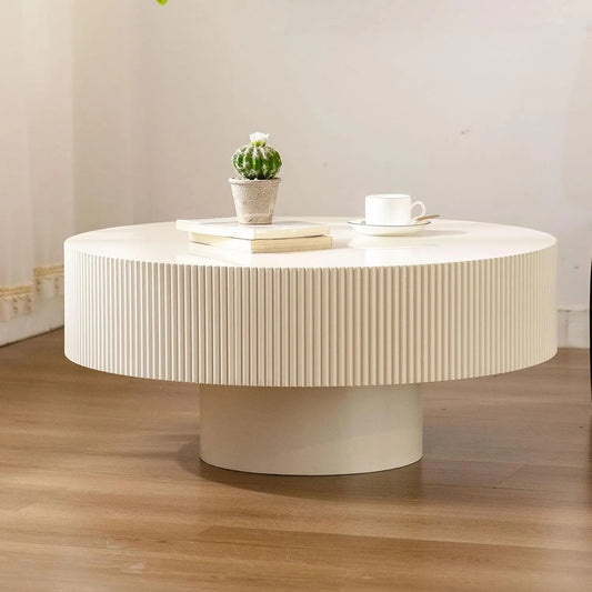 Round Coffee Table, Handcrafted Fluted Drum Coffee Tables Modern Wood Coffee Table Circle Drum Center Table For Living Room