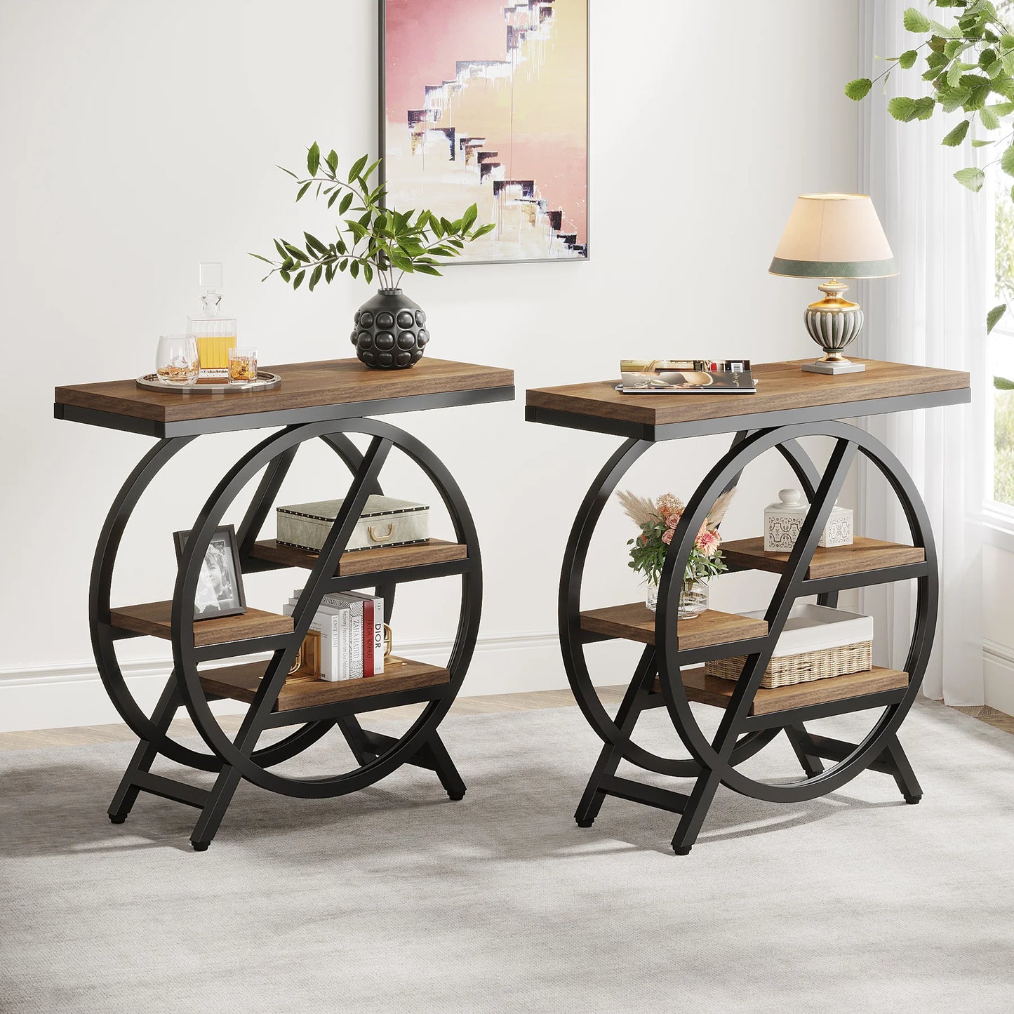 Tribesigns End Table for Living Room, 3-Tier Narrow Side Table with Storage, Wood Sofa Side Table with Geometric Metal Frame