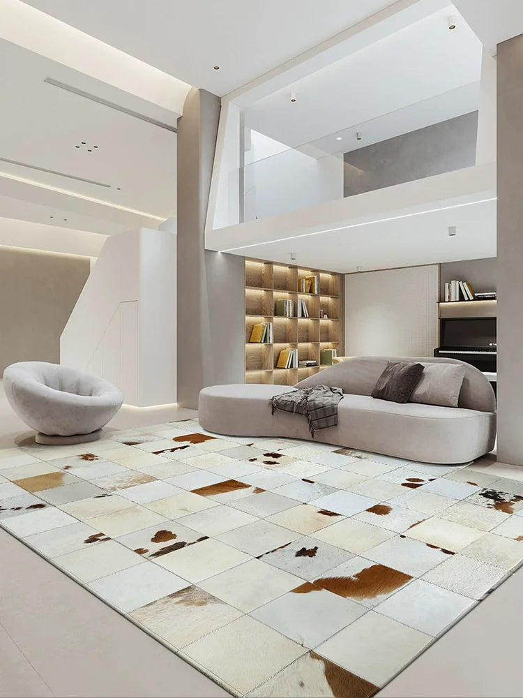 Modern Premium Cowhide Splicing Bedroom Carpet Home Docor Rugs For Living Room Natural White Plaid Floor Mat Customized Size Rug