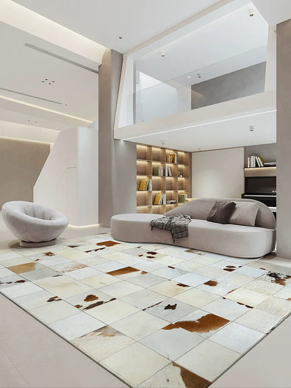 Modern Premium Cowhide Splicing Bedroom Carpet Home Docor Rugs For Living Room Natural White Plaid Floor Mat Customized Size Rug
