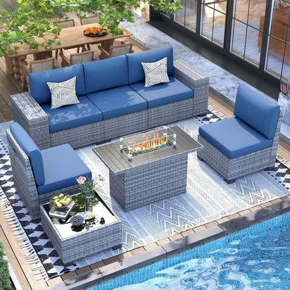 7 Piece Patio Furniture Set with Fire Pit Table, 8''Wide Armrest Modular Rattan Outdoor Sectional Sofa Set,Wicker Patio