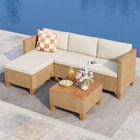 Wicker Outdoor Patio Furniture Set 3 Pieces Patio Chaise Longue Conversation Set, Rattan LShaped Sofa Couch with Acacia Wood Co
