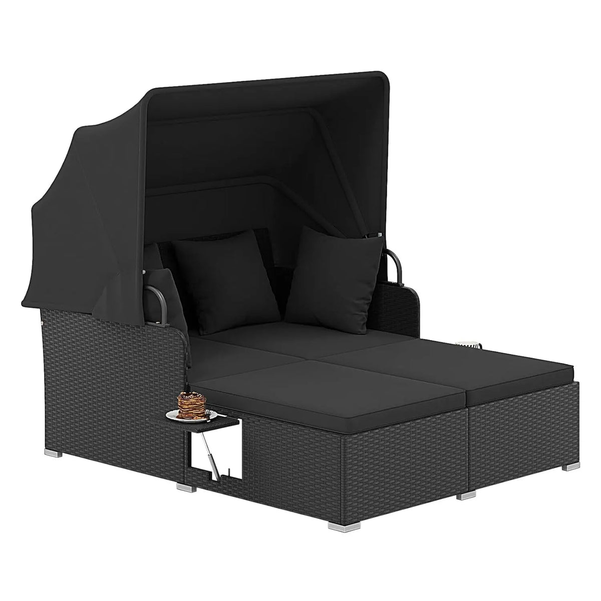 Outdoor Daybed, 2-Person Wicker Patio Sofa with Retractable Canopy, Cushions & Pillows, 2 Side Trays, PE Rattan Double, Custom