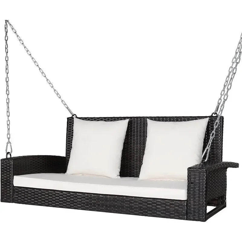 l Hanging Porch Swing, 2-Person Outdoor Wicker Swing Chair Bench With Cushions, Steel Chains For Garden, Backyard, Deck L
