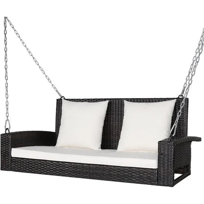 l Hanging Porch Swing, 2-Person Outdoor Wicker Swing Chair Bench With Cushions, Steel Chains For Garden, Backyard, Deck L