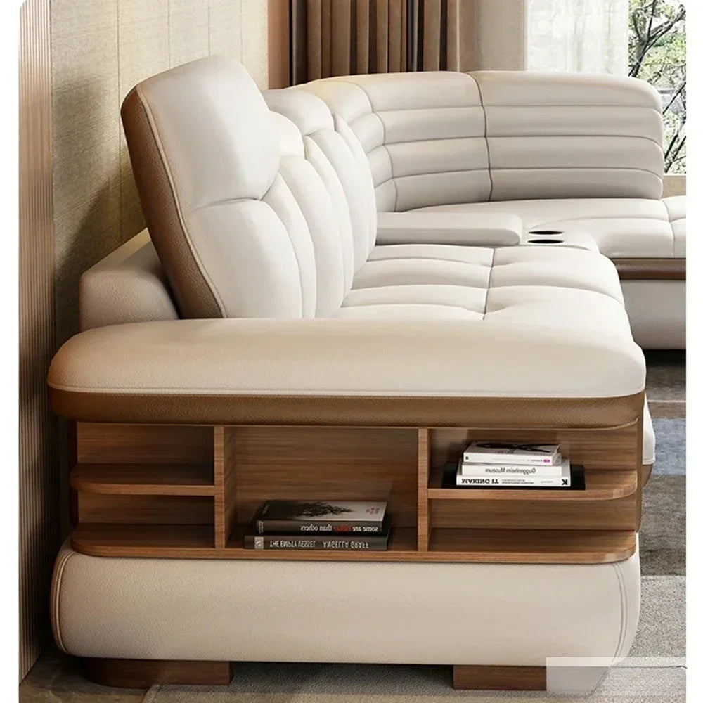 Luxury L-Shaped Genuine Leather Sectional Sofa Sets with USB, Bluetooth Speaker - MINGDIBAO Living Room Italian Leather Couches