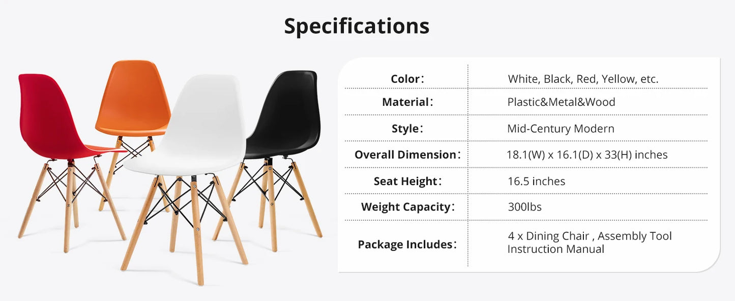 Furmax Modern Style Dining Chair Mid Century Modern DSW Chair, Shell Lounge Plastic Chair for Kitchen Chairs Set of 4(White)