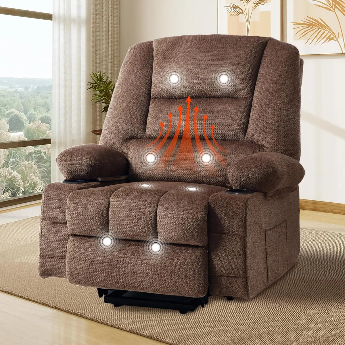 Manual Recliner Massage Heat Breathable Fabric 2 Cup Holders Side Pockets Overstuffed Living Room Brown Customized