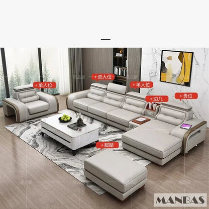 Genuine Leather Sofa With Bluetooth Speaker,USB And Adjustable Headrests - Nordic Italian Couch For Living Room Economically
