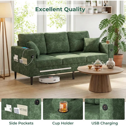 77" Small Cloud Loveseat 3 Seater Sofa, Green | Deep Seat, LED Light, USB Charger, Chenille, Modern, Customized