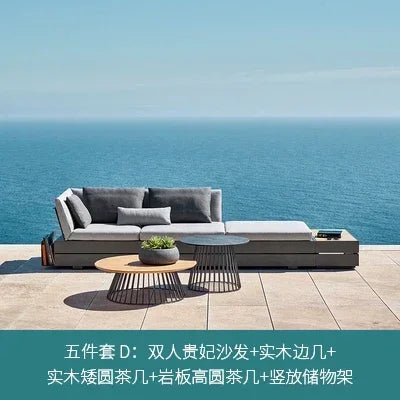 Outdoor sofa, rainproof, sunscreen, rattan craft, courtyard garden, Nordic solid wood coffee table