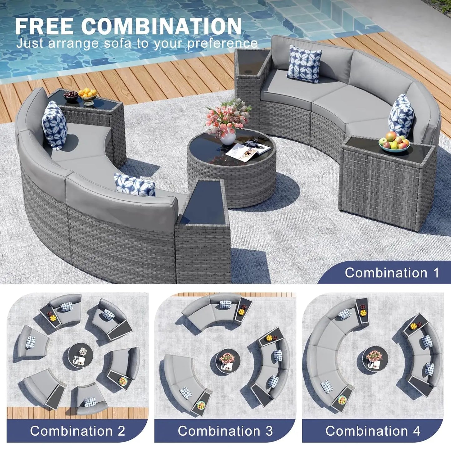 Half Moon 11PC Curved Wicker Patio Sofa Set w/Coffee Table, Gray, Customized