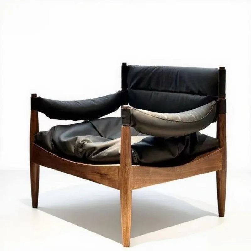 Wooden Living Room Chairs Leather Armchair Aesthetic Vintage Single Person Backrest Chair Luxury Comfortable Lazy Sofa Chair