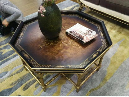 Xx French European Style Country Style Sticker Gold Foil Hand Painted Dark Black Brown Octagonal Tray Shape Coffee Table