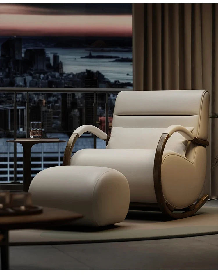 Solid wood leather lazy balcony leisure rocking chair bedroom living room household single sofa chair