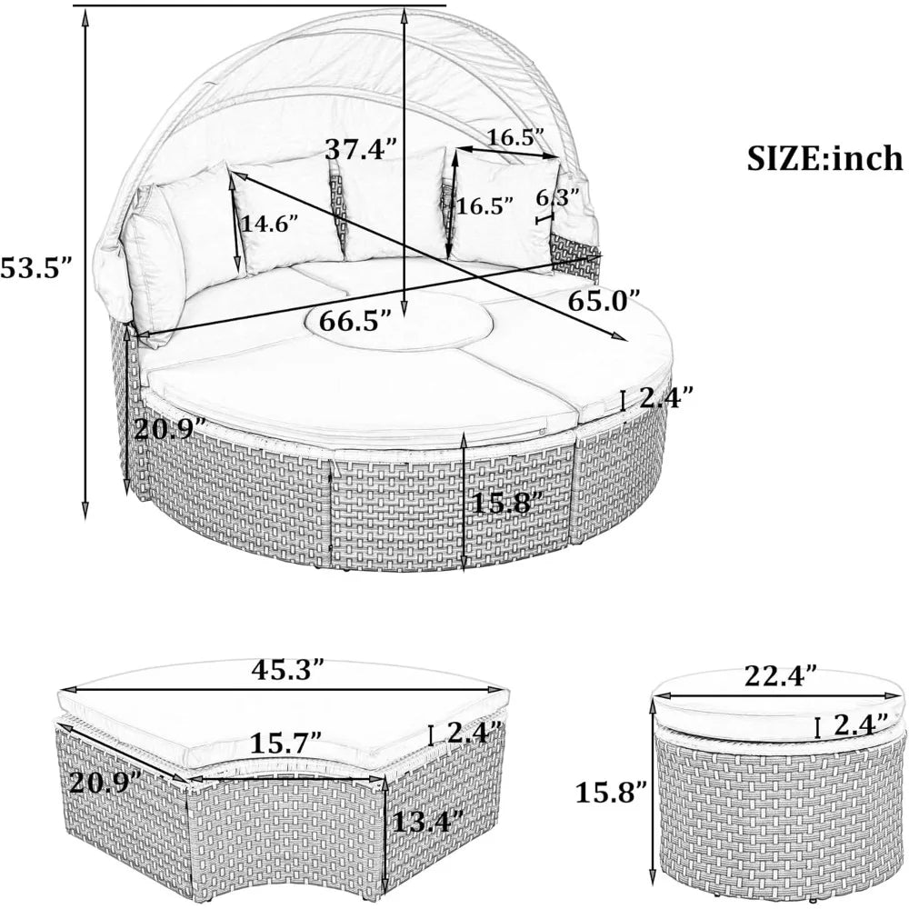 All-Weather Patio Round Outdoor Sectional Sofa Set with Retractable Canopy,Rattan Daybed Two-Tone Weave Sunbed with Separate Se