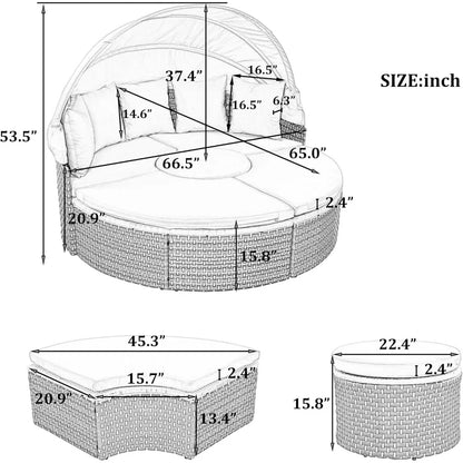 All-Weather Patio Round Outdoor Sectional Sofa Set with Retractable Canopy,Rattan Daybed Two-Tone Weave Sunbed with Separate Se