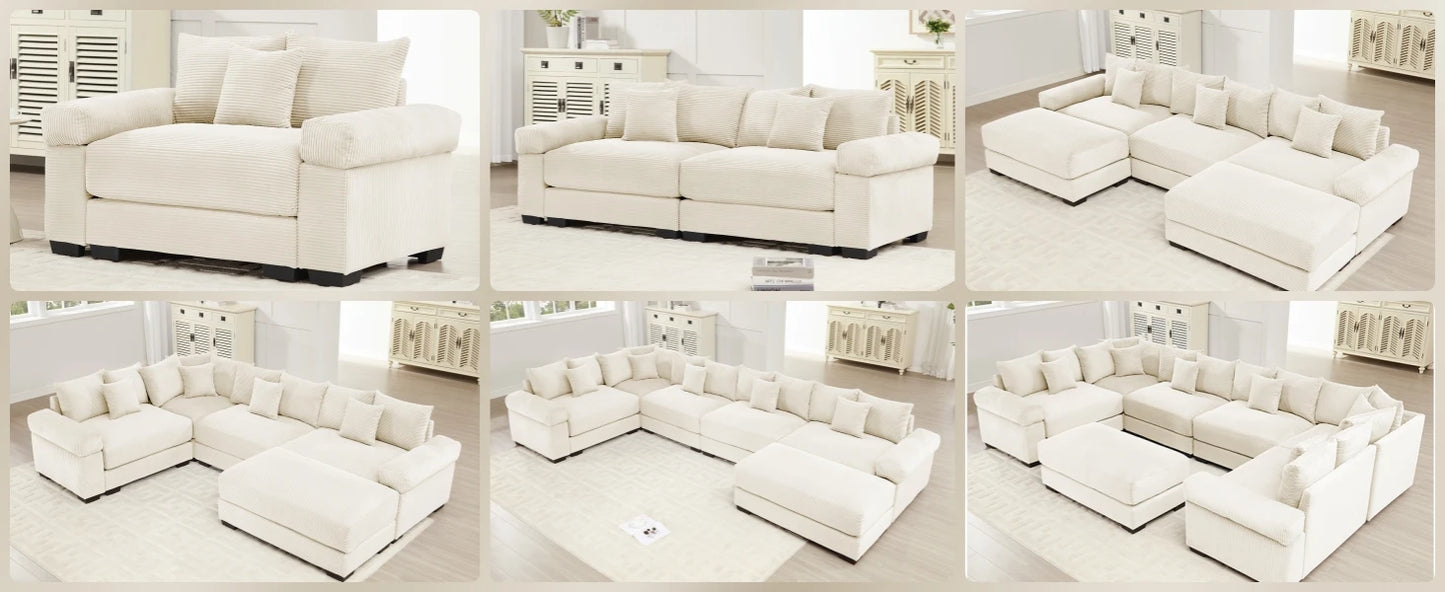 (UUX)155" Oversized Modular Sofa, Corduroy Cloud Couch Sectional with L Shape Chaise and 12 Throw Pillows, Upholste UQ
