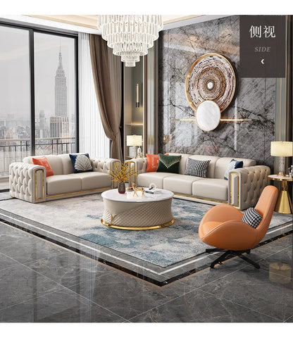 Cross-border Light Luxury Sofa Simple Modern Leather Sofa Italian Minimalist Villa Living Room Buckle Leather Sofa Combination