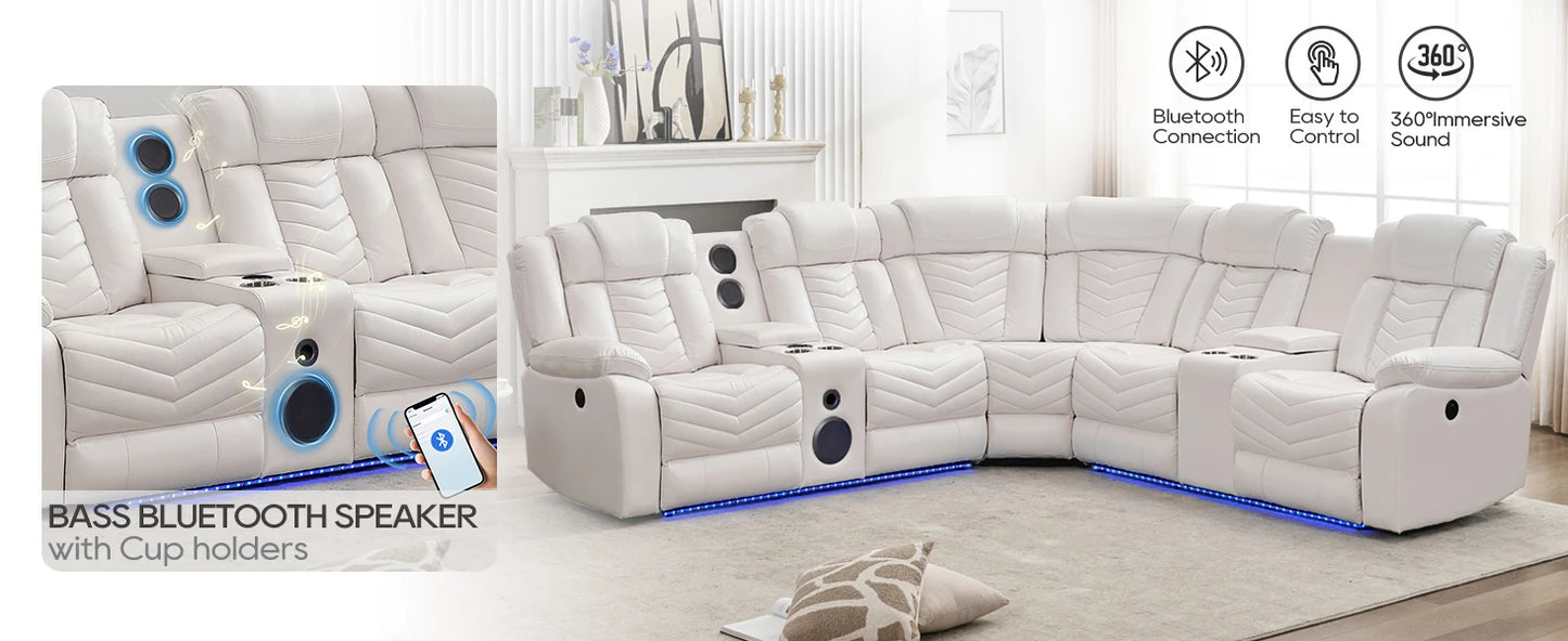 Electric Power Recliner Sectional Sofa With Bass Speakers & LED Lights – Faux Leather L-Shaped Corner Couches For Living Room