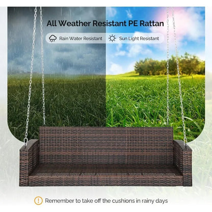 5FT Wicker Porch Swing for 3 Person, 1000lb Capacity Outdoor Hanging Bench with 3 Removable Cushions, Handwoven Weather-Resistan