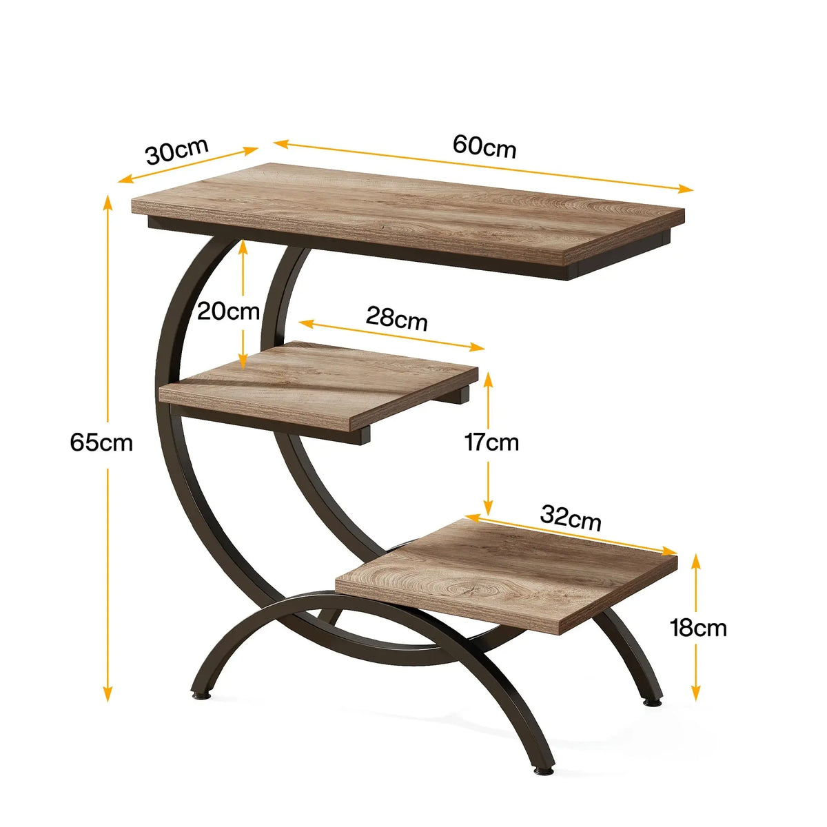Tribesigns C-Shaped End Table, Industrial 3-Tier Small Table for Couch, Wood Bedside Table Snack Table with Storage Shelves