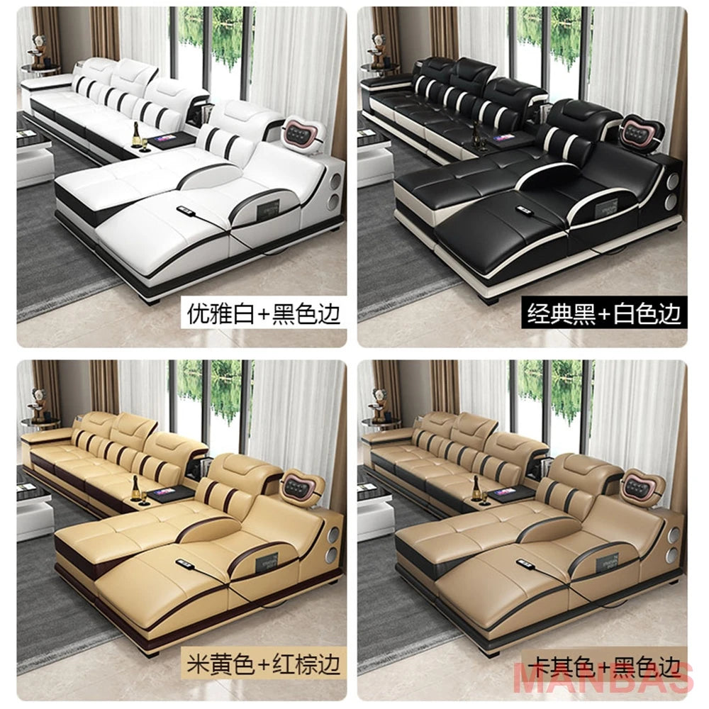 a48 Italy Genuine Leather Sectional Sofa with Bluetooth Speaker,Functional Headrest,Massage Chaise | L Shape Corner Couch