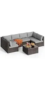 utdoor Rattan Conversation with Coffee Table for Garden Balcony Backyard Poolside (Grey Cushion)