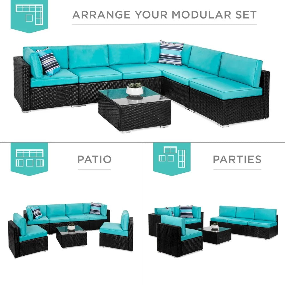 7-Piece Modular Outdoor Sectional Wicker Patio Conversation Set w/ 2 Pillows, Coffee Table, Cover Included - Black/Teal