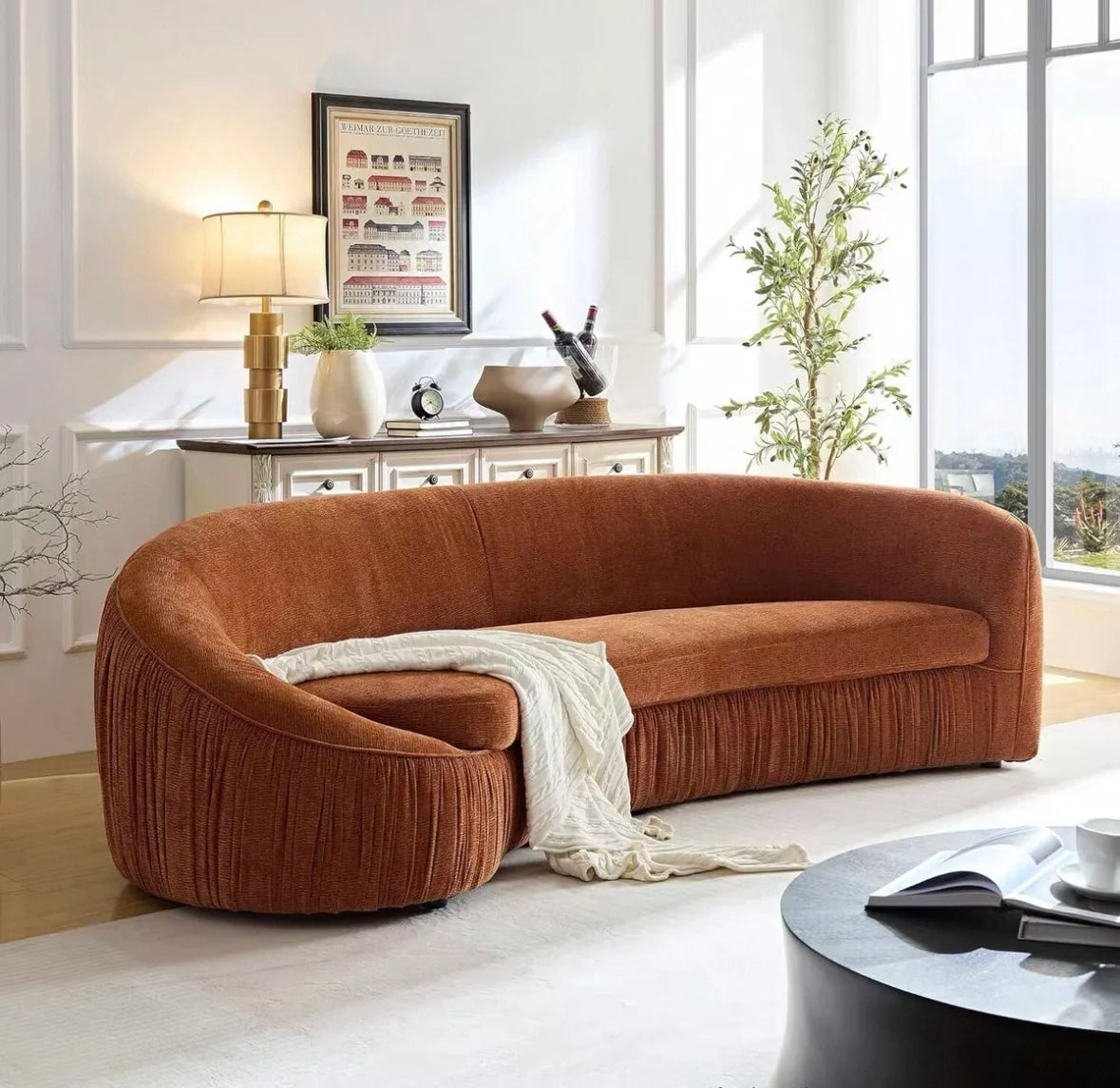 gW Nordic modern minimalist chenille cloth sofa hotel pleated curved large flat multi-person sofa