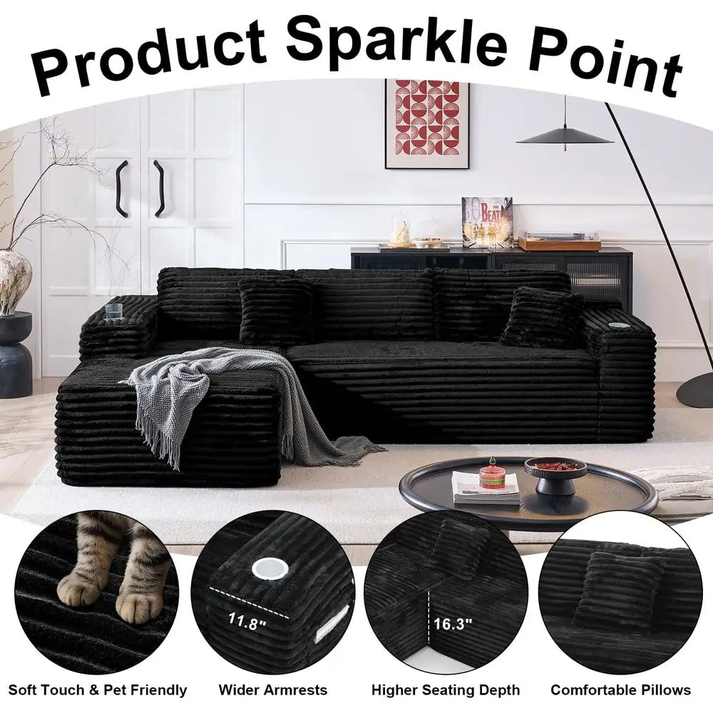 L-Shaped Sectional Sofa with Chaise, Deep Seating, Cup Holders, Storage, and No Assembly Needed (Black)