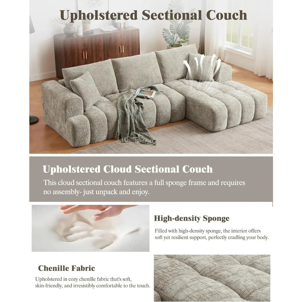 108" Boneless Cloud Modular Sectional Couch for Living Room, L Shaped Sofa with Chaise | Chenille Fabric Compressed Foam Sofa