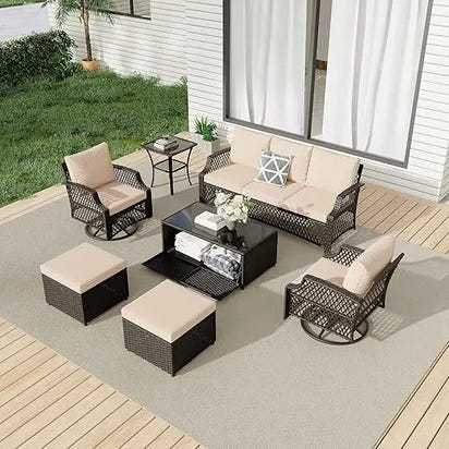 7-Piece Outdoor Patio Furniture Set with Wicker Swivel Chairs, Ottomans, and Storage Coffee Table