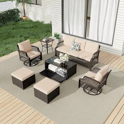 7-Piece Outdoor Patio Furniture Set with Wicker Swivel Chairs, Ottomans, and Storage Coffee Table