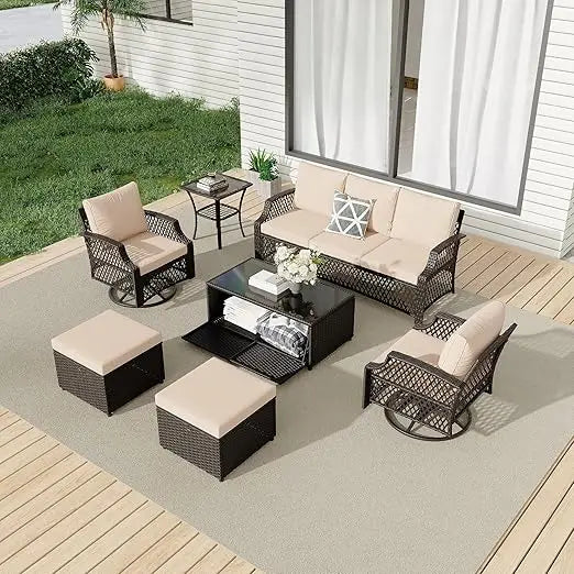 7-Piece Outdoor Patio Furniture Set with Wicker Swivel Chairs, Ottomans, and Storage Coffee Table