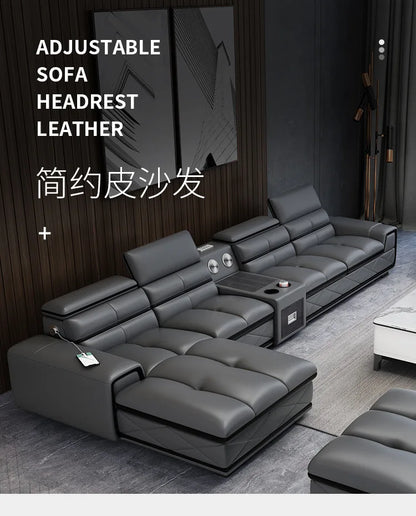 Simple and modern leather sofa combination large apartment living room L-shaped corner function headrest few fully