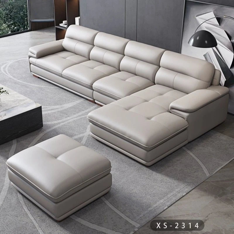 Modern minimalist leather sofa sized apartment living room three or four person cowhide sofa
