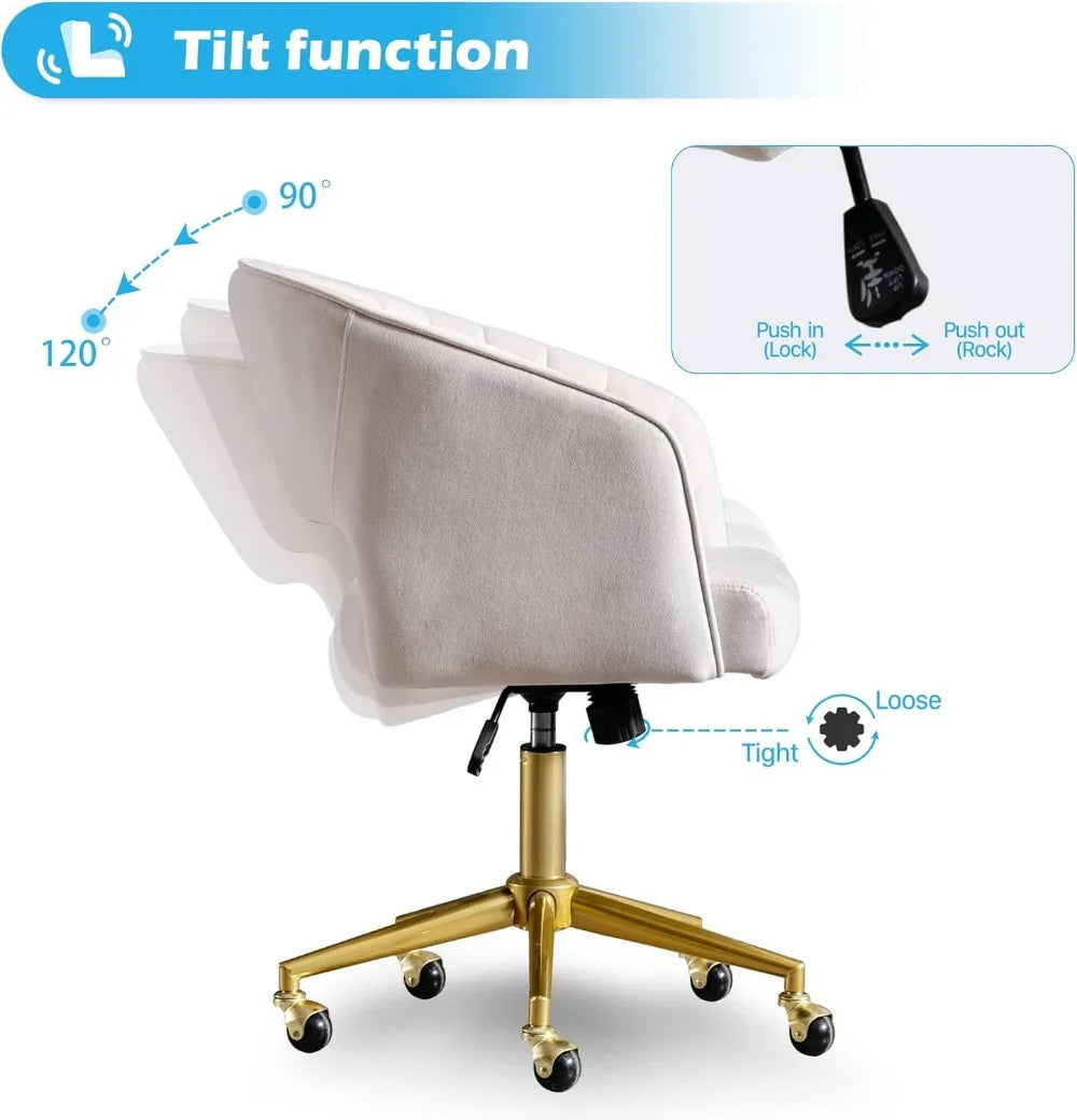 Velvet Swivel Office Chair with Gold Base, Ergonomic Desk Seat for Home Study and Living Room