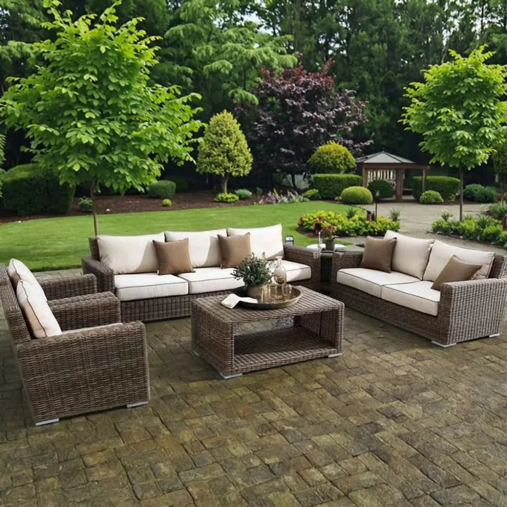 Modern Outdoor PE Rattan Furniture Set Wood Coffee Table & Balcony Living Room Sofas Patio Villa Courtyard Hotel Leisure Garden