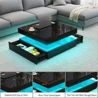 LED Coffee Table for Living Room with Storage - High Glossy Modern White Center Table with 2 Drawers, Square Wooden Middle Tabl