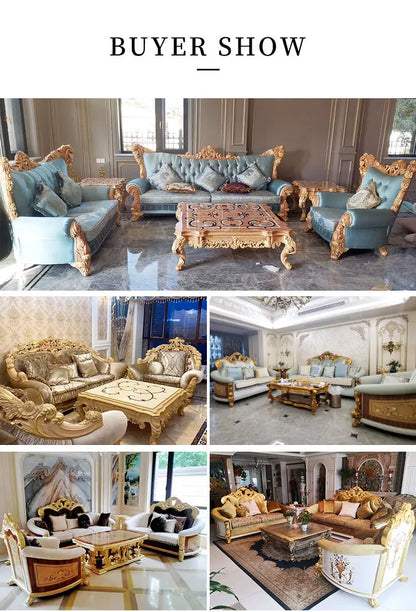 French Royal Baroque Dining Set — Hand-Carved Solid Wood Table with Upholstered Chairs, Luxury Gold for Villa/Hotel