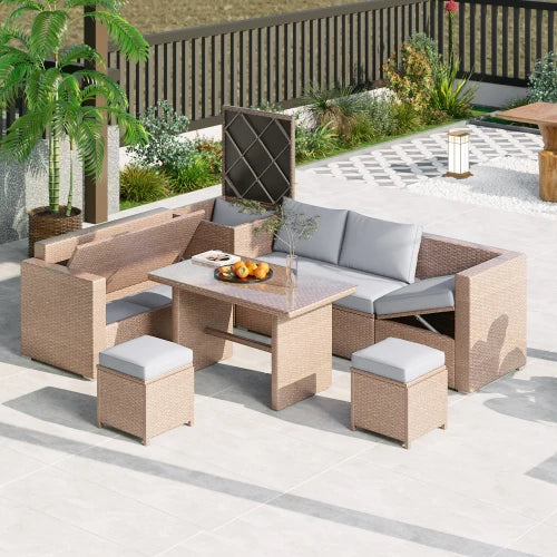 6-Piece Outdoor All Weather PE Rattan Sofa Set, Garden Patio Wicker Sectional Furniture Set with Adjustable Seat,Natural