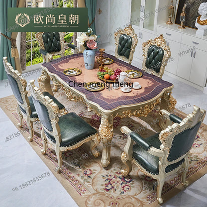 European Solid Wood Dining Table and Chair Combination Rectangular Dining Table Luxury American Leather Villa Furniture